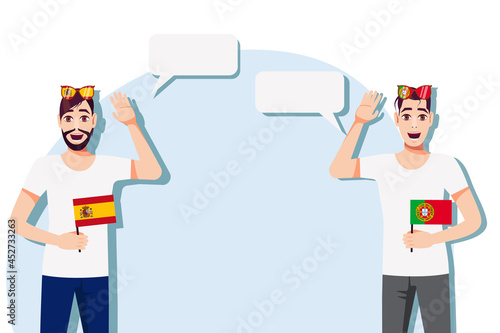 Men with Spanish and Portuguese flags. Background for text. Communication between native speakers of Spain and Portugal. Vector illustration. 