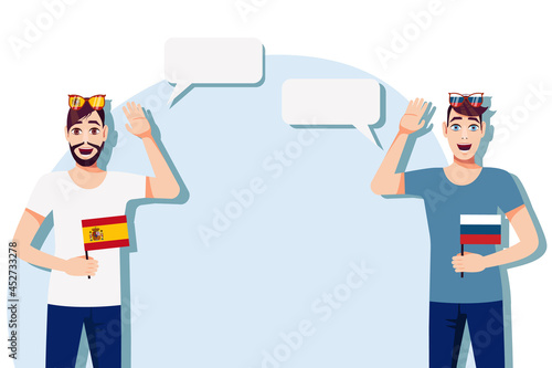 Men with Spanish and  Russian flags. Background for the text. Communication between native speakers of the language. Vector illustration.