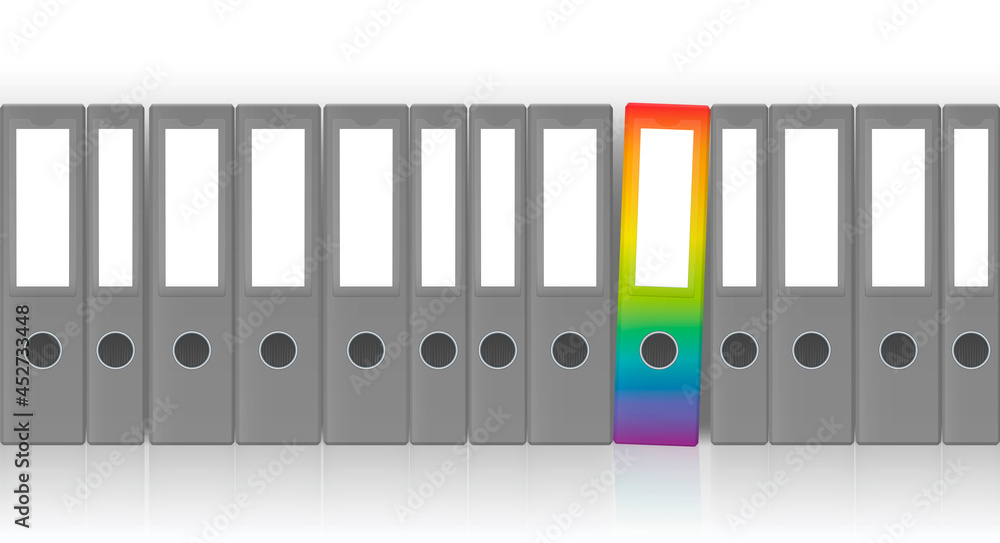 Ring binders, gray unlabeled set with one outstanding rainbow colored leaf binder for happy office work. Isolated vector illustration on white background.
Ring binders, gray unlabeled set with one outstanding rainbow colored leaf binder for happy office work. Isolated vector illustration on white background.