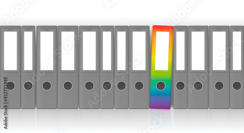 Ring binders, gray unlabeled set with one outstanding rainbow colored leaf binder for happy office work. Isolated vector illustration on white background.
