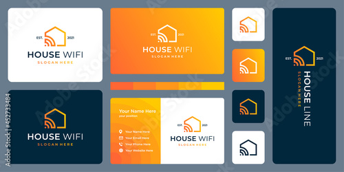 Modern home with abstract line art style logo design inspiration and signal, wireless or connection symbol. Business card design template