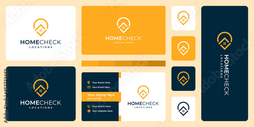 location pin logo, home , and check mark. business card