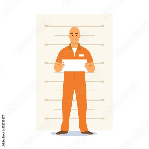 Police lineup or mugshot of the prisoner in orange jumpsuit.
