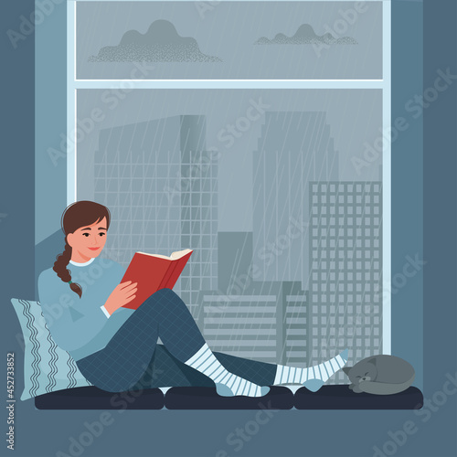Woman reading book, sitting in windowsill. Hobby, relax, resting, at home concept. Rainy weather, autumn season. Vector illustration in flat style