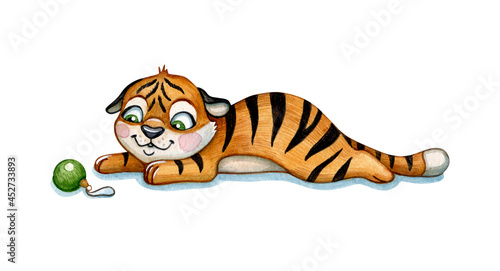 Watercolor illustration of a funny tider. Cute tiger isolated on white background. Watercolor hand-drawn illustration. Animal Clip Art. Clipart. Watercolor cartoon style illustration.