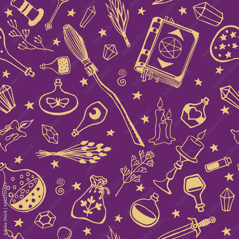 Vecteur Stock Seamless pattern with hand drawn magic tools, concept of  witchcraft. Witchcraft, magic background for witches and wizards. | Adobe  Stock