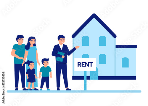 Family buy or rent home with help agent property estate. House rent advisor and services concept. Mother, Father and children moving to new place, private building. Vector flat illustration