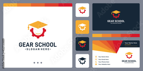 Gear logo design template with bachelor's hat graphic design vector illustration.