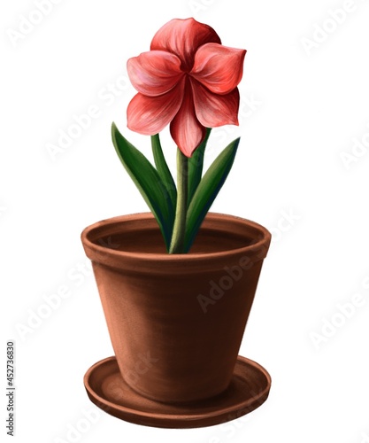 Red flower in a pot digital illustration in pencil style 