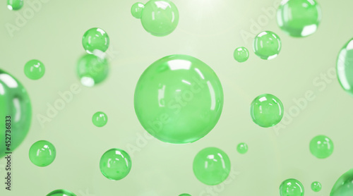 3D Collagen Skin Serum and Vitamin illustration on soft color background. Green Fresh Water Droplets Effect Elements. Cosmetics solution supreme collagen essence Premium. 3D rendering.