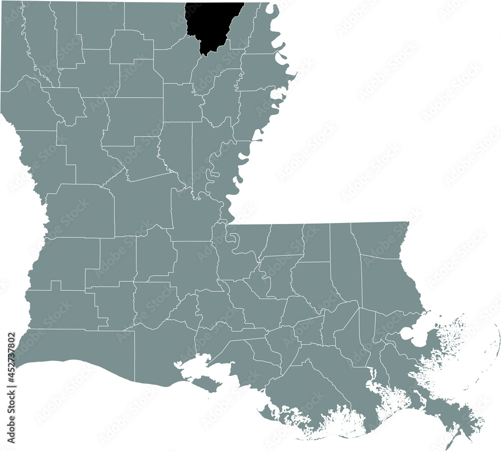 Fototapeta premium Black highlighted location map of the Morehouse Parish inside gray map of the Federal State of Louisiana, USA