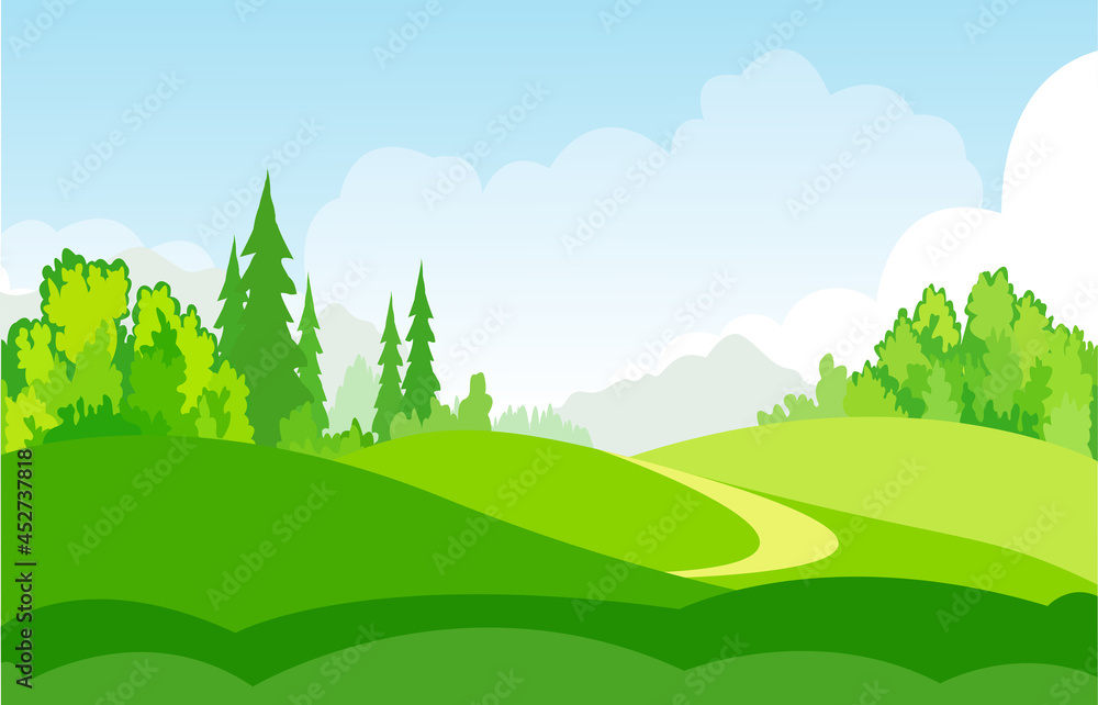 Summer green fields with grass,trees,white cloud and blue sky . background landscape.vector illustration.