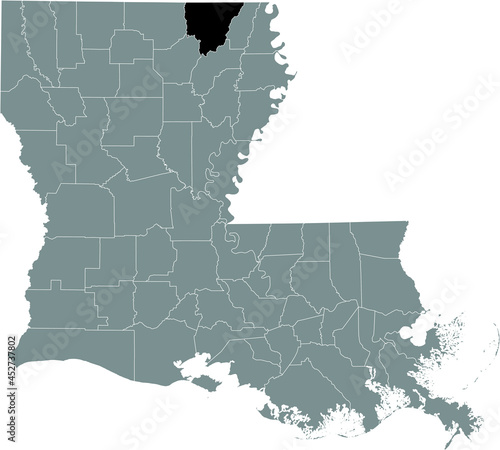 Black highlighted location map of the Morehouse Parish inside gray map of the Federal State of Louisiana, USA photo