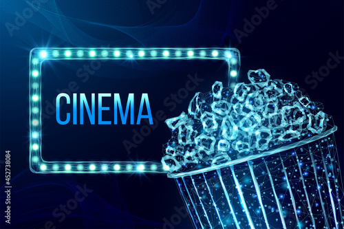 Pop corn wireframe and light billboard. Movie night poster template with glowing low poly tasty snack. Futuristic modern abstract. Isolated on dark background. Vector illustration.