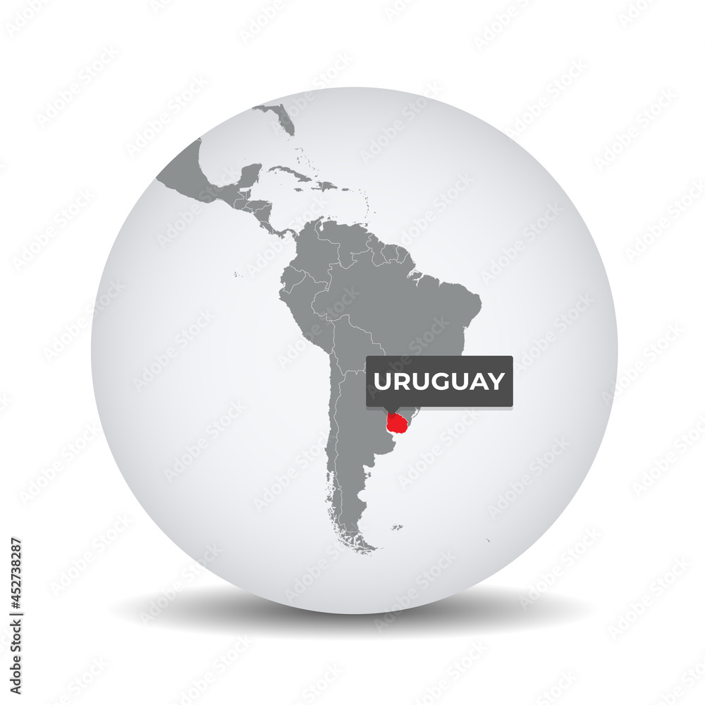 World globe map with the identication of Uruguay. Map of Uruguay. Uruguay on grey political 3D globe. South america map. Vector stock.