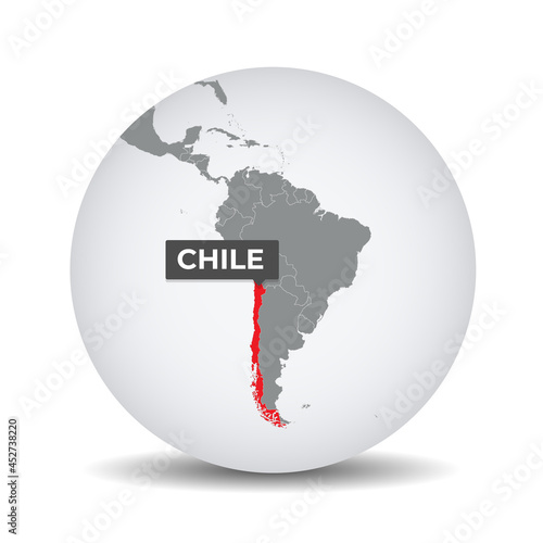 World globe map with the identication of Chile. Map of Chile. Chile on grey political 3D globe. South america map. Vector stock.