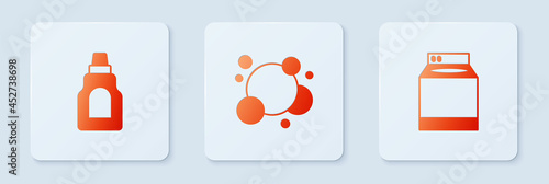 Set Soap water bubbles, Bottle for cleaning agent and Washer. White square button. Vector