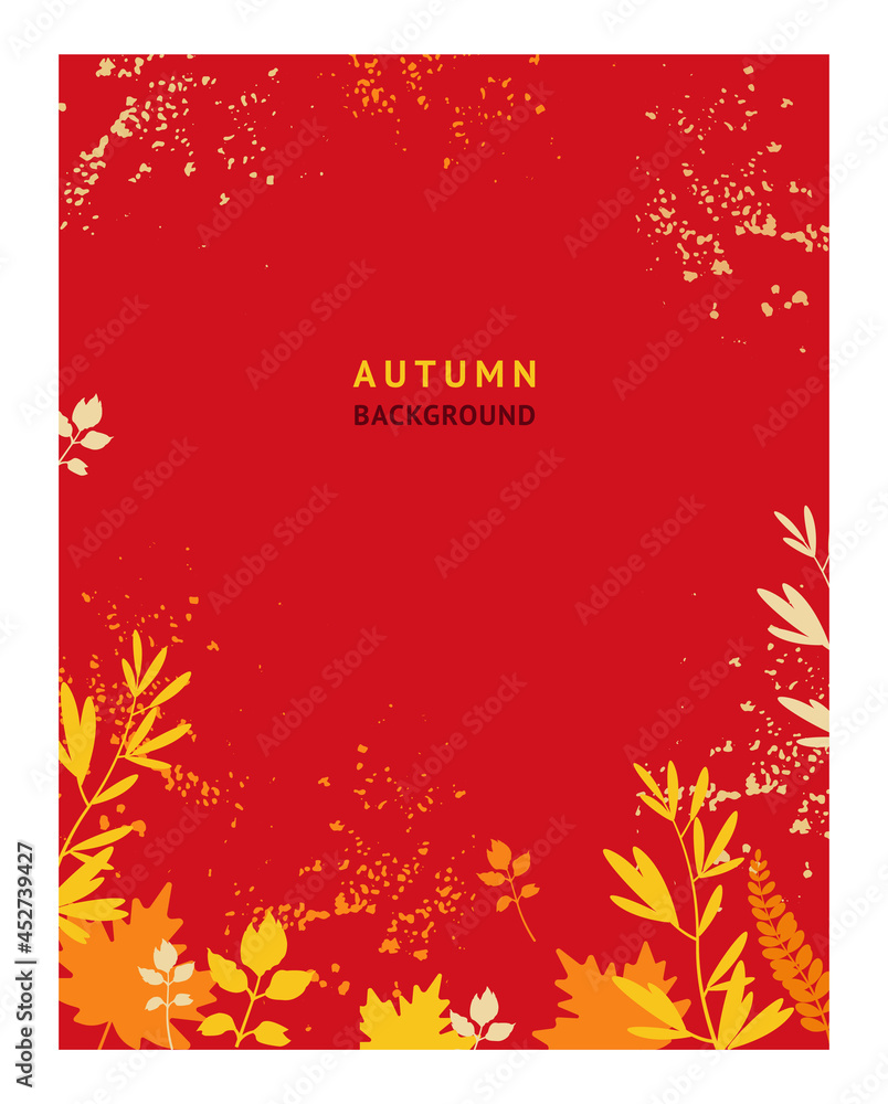 Red autumn abstract background. Frame made from yellow and orange falling leaves. Bright banner, poster, cover design template, social media wallpaper story, autumn sale. Vector illustration Red autumn abstract background. Frame made from yellow and orange falling leaves. Bright banner, poster, cover design template, social media wallpaper story, autumn sale. Vector illustration