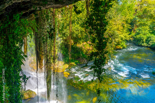 Fototapeta Naklejka Na Ścianę i Meble -  Upper Duden Waterfall is called as Alexander Falls as well and 10 km far from the city center. The paradise like hinterland of the waterfall is all in green in Antalya