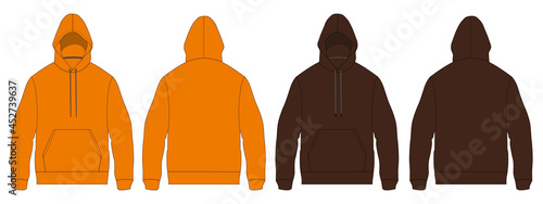 Hoodie Technical fashion Flat sketch vector illustration template Front And Back views. Orange and coffee color Mock up isolated on white background.