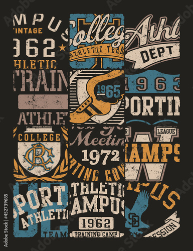 Vintage American college sporting badges patchwork vector artwork for boy t shirt