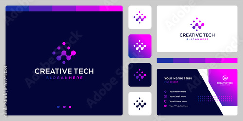 Technology connection logo design template.  abstract dot, molecule and network system with financial investment analytics graphic design vector illustration.