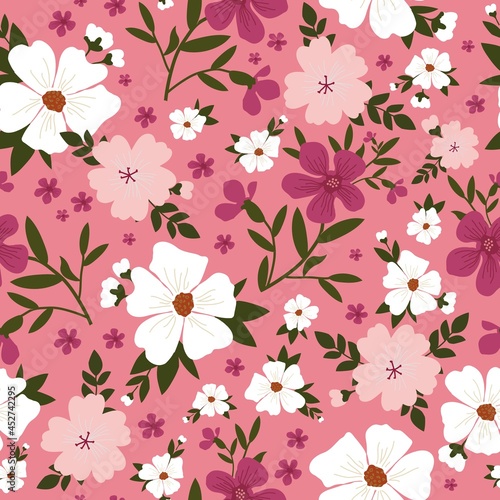 Seamless vintage pattern. wonderful white  pink and burgundy flowers  green leaves on a pink background. vector texture. trend print for textiles and wallpaper.