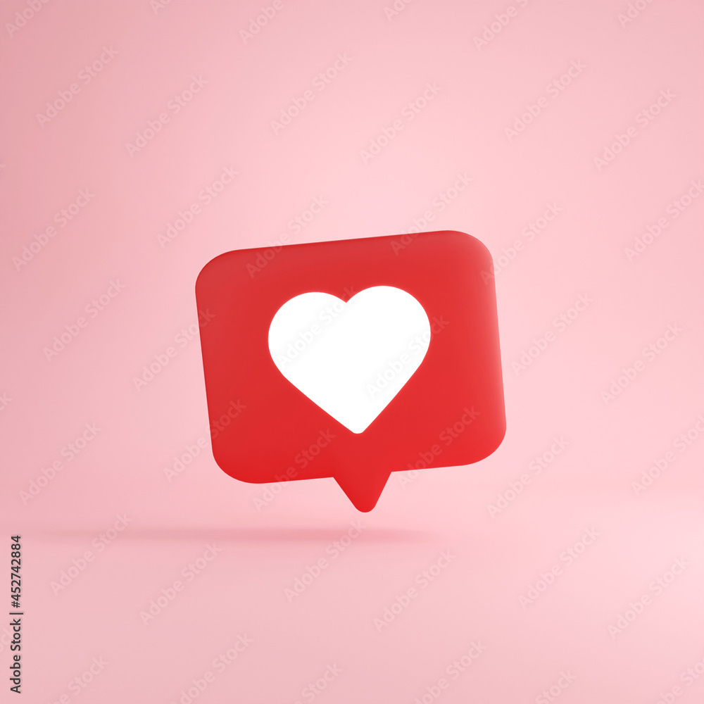 3D social media notification white like heart icon in red speech bubble.Communication concept. 3D rendering illustrations.