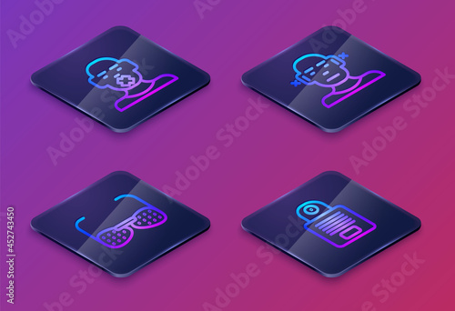 Set Isometric line Head of deaf and dumb, Blind glasses, Deaf and Intercom. Blue square button. Vector