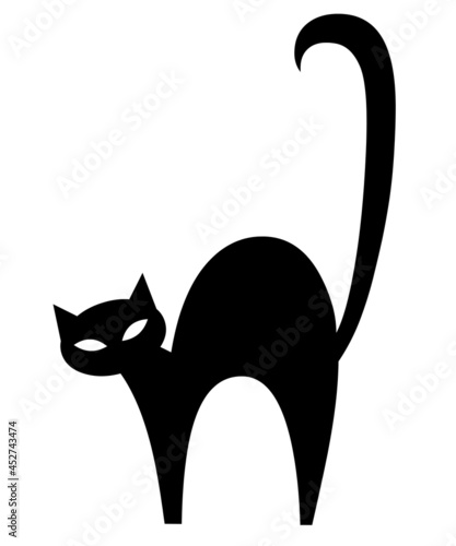 Silhouette of a black cat isolated on white background. Simple style. The animal stands sideways with its tail raised. Vector.