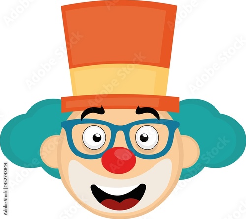 Vector illustration of emoticon of the face of a cartoon clown with hat and blue glasses