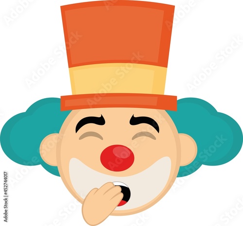 Vector emoticon illustration of a cartoon clown's face with a hat yawning