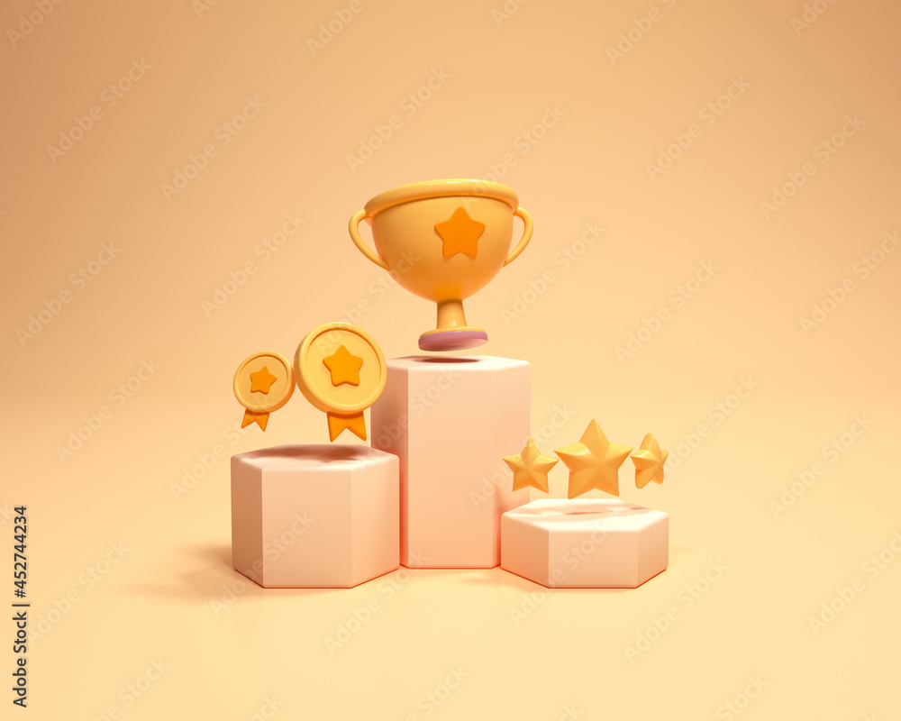 Winners podium with cups, gold winners, and gold stars. First and second and third places winning prizes on ceremony pedestal cartoon style. 3d render illustration - obrazy, fototapety, plakaty 