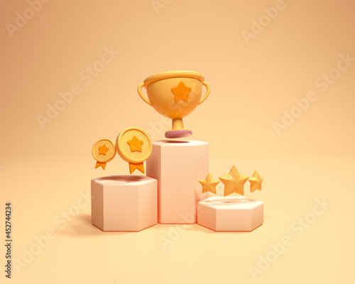 Winners podium with cups, gold winners, and gold stars. First and second and third places winning prizes on ceremony pedestal cartoon style. 3d render illustration