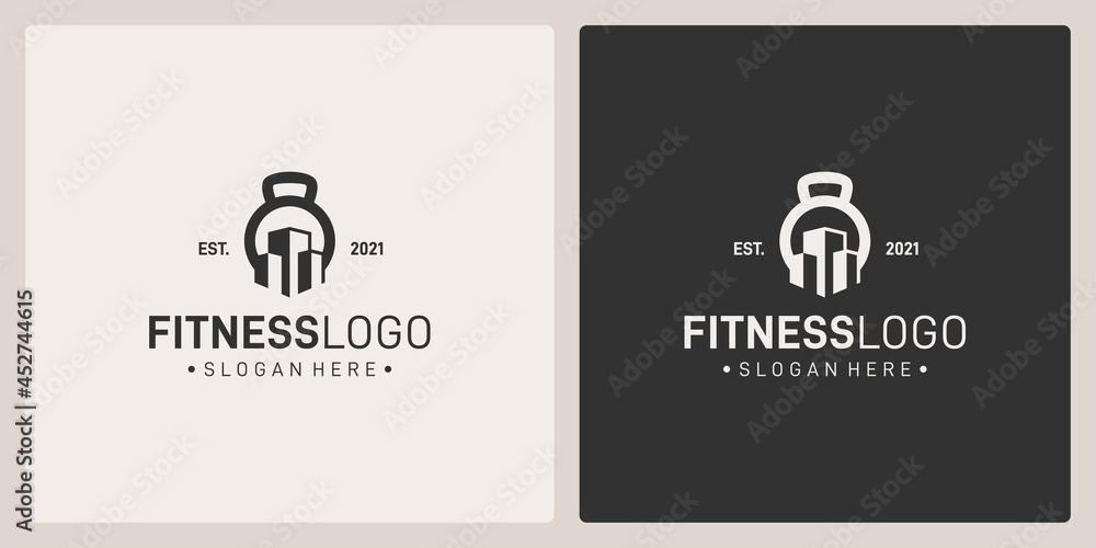 Creative barbell logo design template with building real estate graphic design vector illustration.