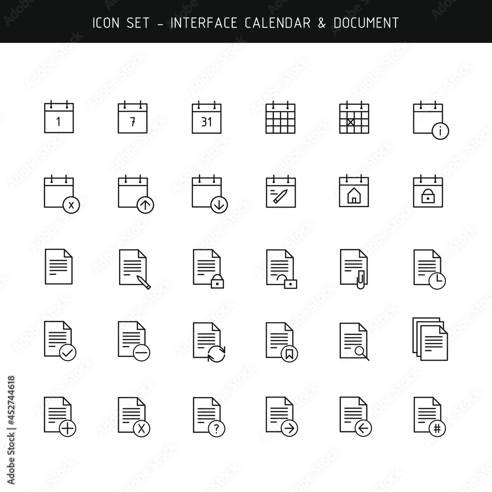 interface icon set, thin line, calendar, document interface icon set, thin line, calendar, document