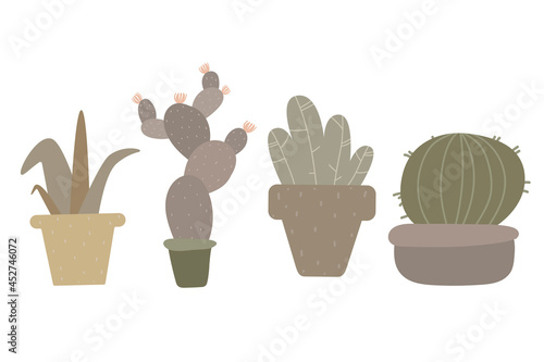 Urban jungle, trendy home decor with plants, planters, cacti. Hygge composition of hand drawn houseplant in flowerpots