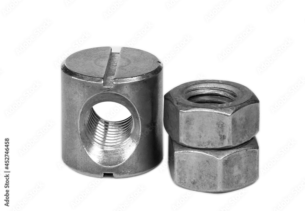 Metal nut with metric thread over white background Metal nut with metric thread over white background