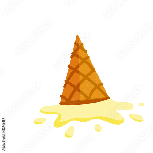 Melted ice cream in cone. Dessert fell to the ground. Sweet vanilla puddle. Flat cartoon illustration