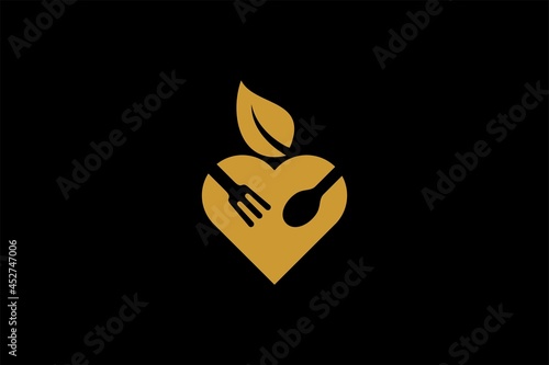 Kitchen logo design vector. Food business abstract symbol. Spoon, fork, knife illustration logo. Love and leaf vector icons. 