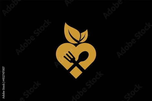 Kitchen logo design vector. Food business abstract symbol. Spoon, fork, knife illustration logo. Love and leaf vector icons. 