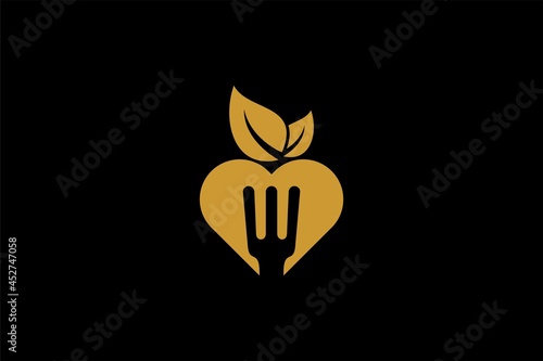 Kitchen logo design vector. Food business abstract symbol. Spoon, fork, knife illustration logo. Love and leaf vector icons. 
