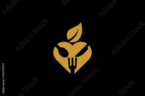 Kitchen logo design vector. Food business abstract symbol. Spoon, fork, knife illustration logo. Love and leaf vector icons. 