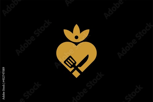 Kitchen logo design vector. Food business abstract symbol. Spoon, fork, knife illustration logo. Love and leaf vector icons. 