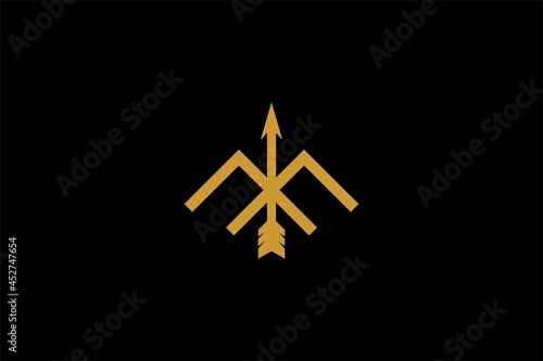 Archery logo design vector. Letter M and bow abstract symbol. Archery sport vector icon.