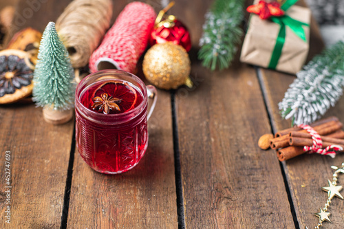 christmas mulled wine celebrate the new year cozy fresh portion hot drink sweet beverage meal snack on the table copy space food background rustic. top view