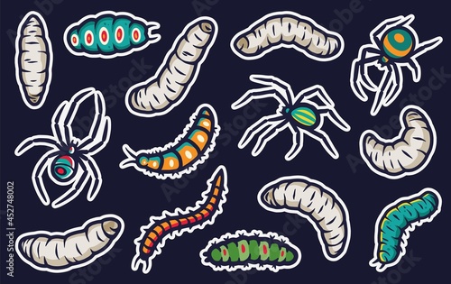 Halloween sticker with spider and worm for children holiday. Creepy larvae of maggot. Horror insect for spiderweb design. Spooky web tarantula for dark halloween party