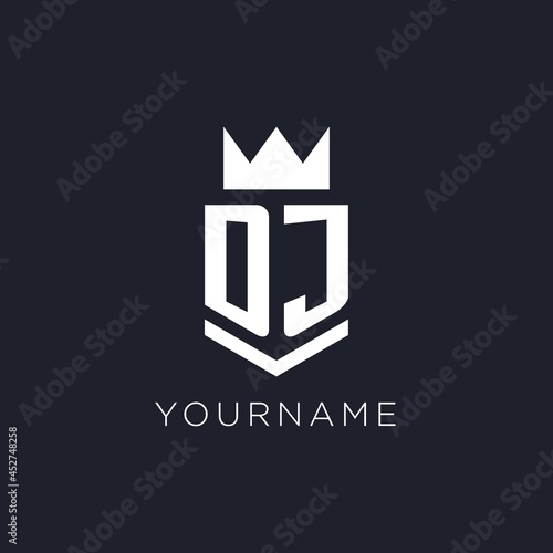 DJ logo with shield and crown, initial monogram logo design