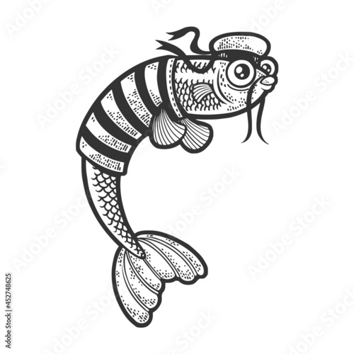 Cartoon sailor fish sketch engraving vector illustration. T-shirt apparel print design. Scratch board imitation. Black and white hand drawn image.