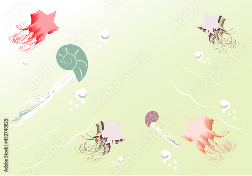 ファンタジックな海の生き物が浮遊する水中のグラデーション背景ベクターイラスト 